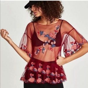 Zara Red Sheer Tulle Embroidery Floral Mesh Shirt